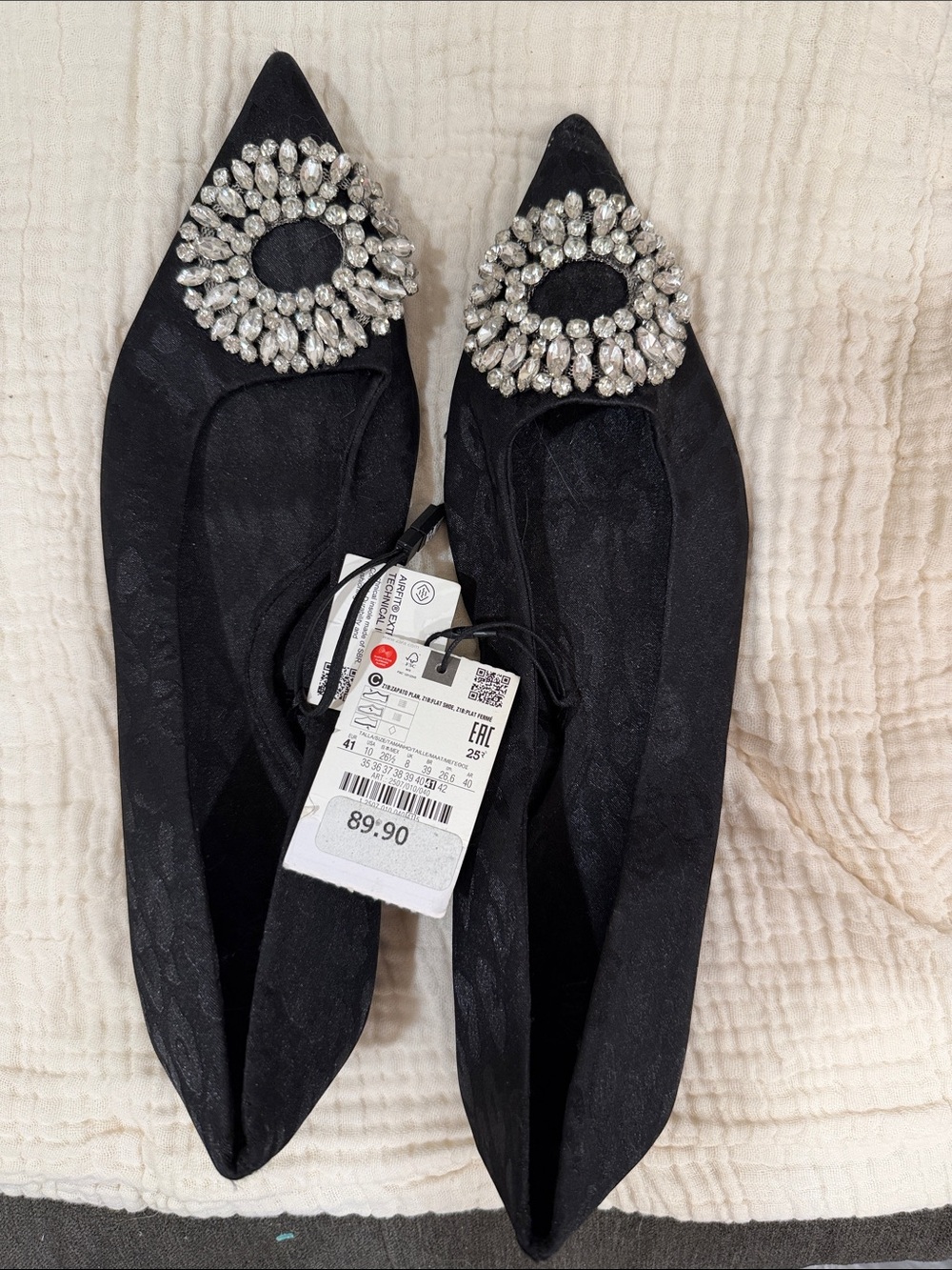 Zara Black Pointed Toe Flats with Crystal Brooch